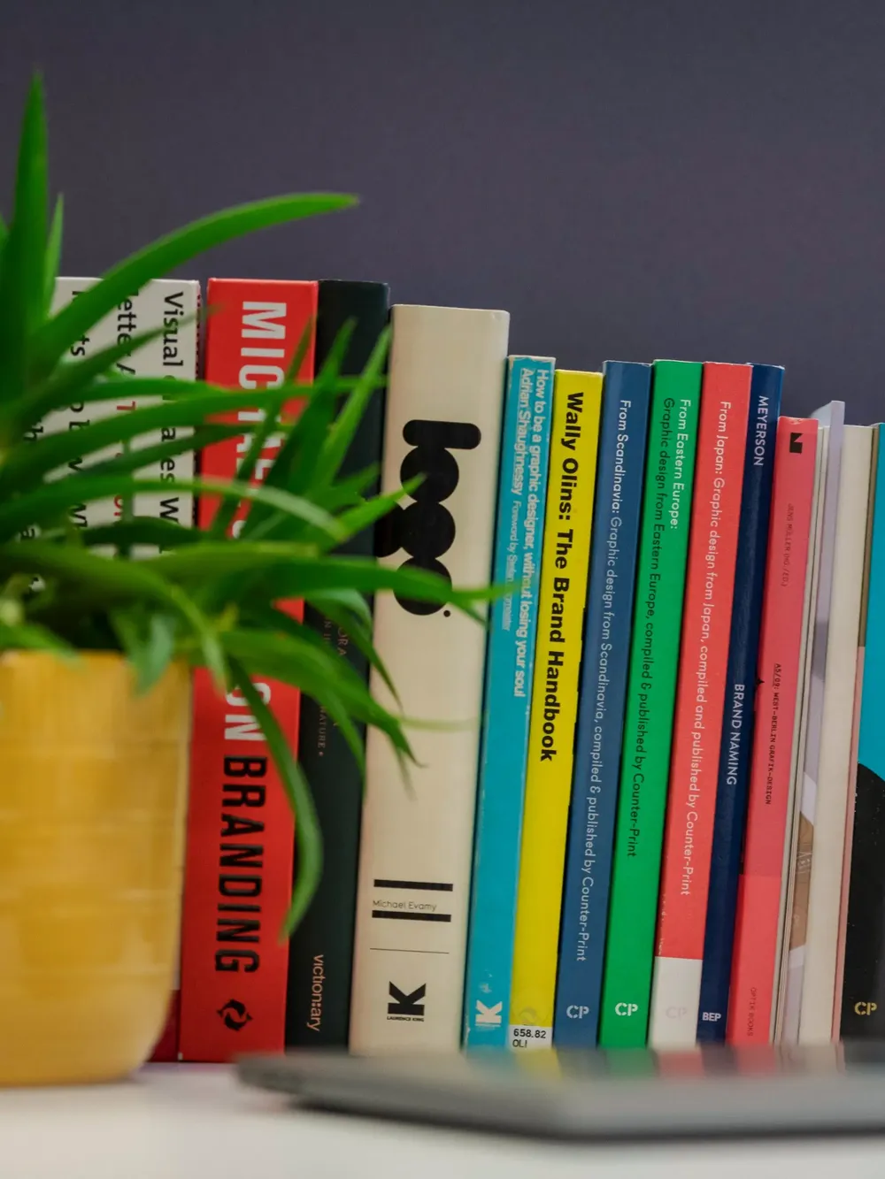 Design books lined up on a desk